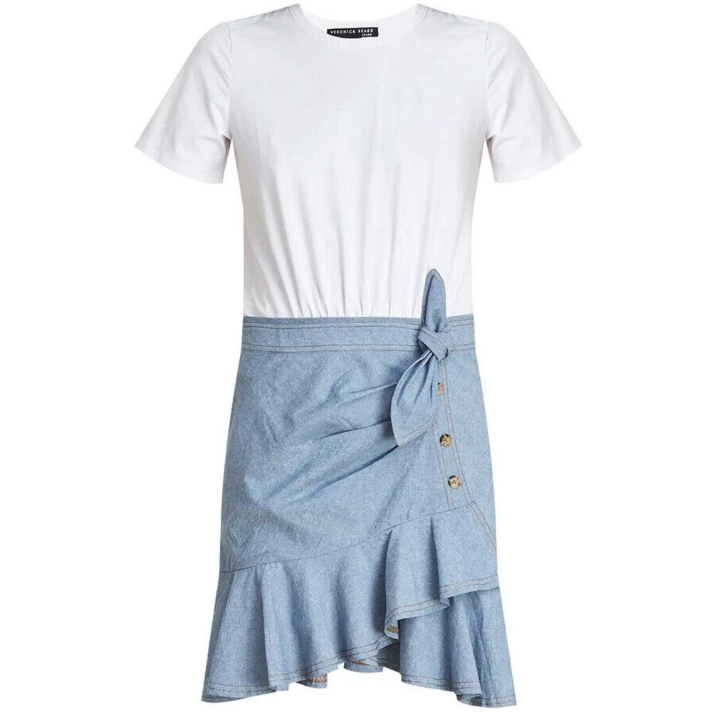 NWT Veronica Beard Chambray Bari T-Shirt Dress Tie Ruffle Large Preppy Coastal - Picture 10 of 15